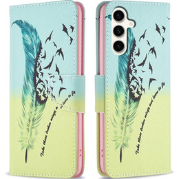 Etui z klapką do Samsung Galaxy S23 FE, Wallet, Feather niebieskie / żółte