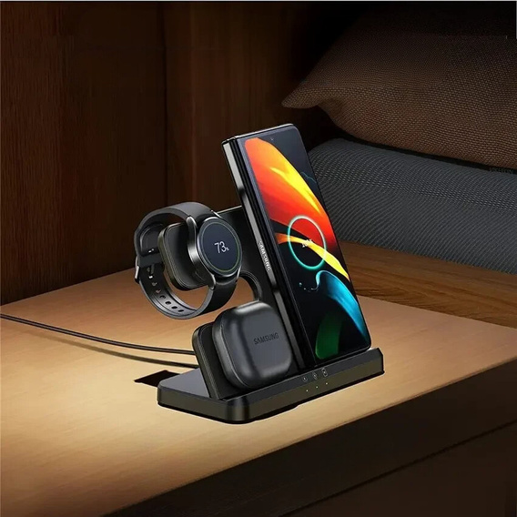 Ładowarka Indukcyjna ERBORD Samsung Trio 3w1 do Smartfona, Galaxy Watch i Galaxy Buds, czarna + ładowarka sieciowa 65W