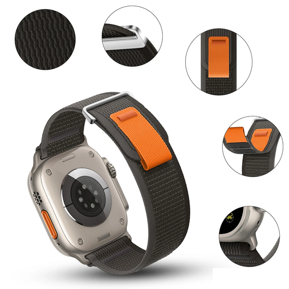 Pasek Nylonowy do Apple Watch 1/2/3/4/5/6/7/8/9/10/11/SE Ultra 1/2/3 42/44/45/46/49mm, Szary/Pomarańczowy