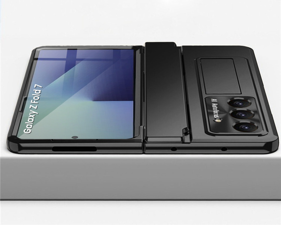 Etui z podstawką do Samsung Galaxy Z Fold7 5G, z ochroną zawiasu, szkłem i rysikiem - czarne