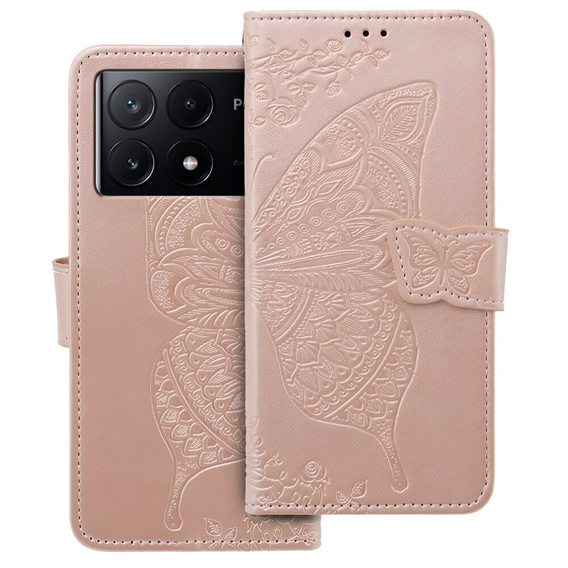 Etui z klapką do Xiaomi Poco F6 Pro, Butterfly, różowe rose gold