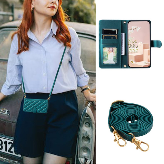 Etui z klapką do Samsung Galaxy S20 FE, Rhombus Crossbody Leather, ciemnozielone