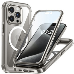 Etui do iPhone 15 Pro, Pancerne Full Protect 360° do MagSafe, szkło na ekran, szare