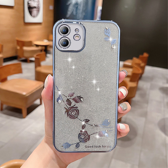 Etui do iPhone 12, Glitter Flower, niebieskie