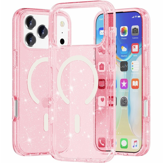 Etui do iPhone 17 Pro Max, do MagSafe, brokat - półprzezroczyste różowe