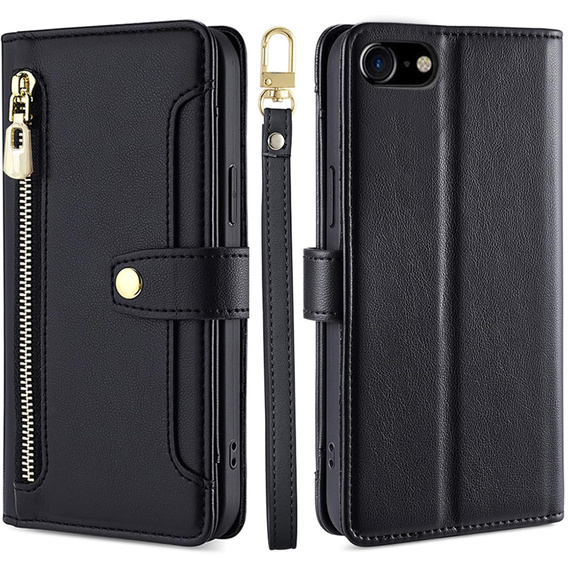 Etui z klapką do iPhone 16E, Wallet Zipper Pocket, czarne