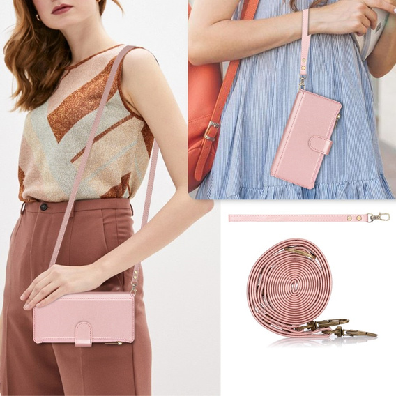 Etui z klapką do Samsung Galaxy S24 Ultra, Wallet Zipper Pocket RFID, z paskiem na ramię, różowe rose gold