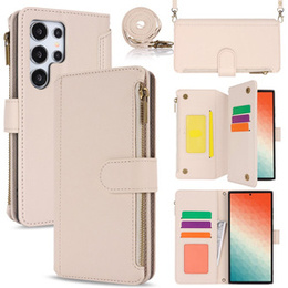 Etui z klapką do Samsung Galaxy S24 Ultra, Wallet Zipper Pocket RFID, z paskiem na ramię, białe