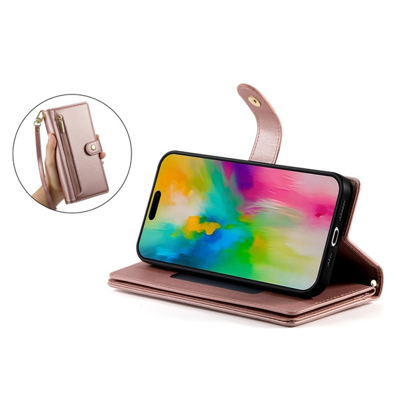 Etui z klapką do iPhone 16 Pro Max, Wallet Zipper Pocket, różowe