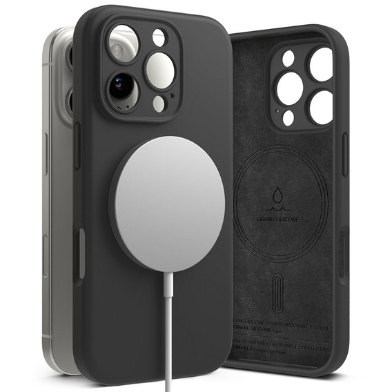 Etui Ringke do iPhone 16 Pro, Silicone MagSafe, czarne + Szkło Hartowane 9H