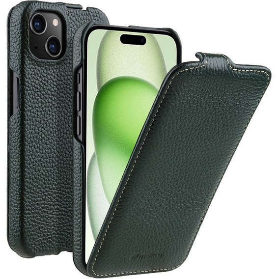 Etui MELKCO z klapką do iPhone 15 Plus, skórzane, flip, ciemnozielone
