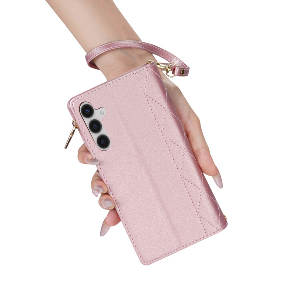 Etui z klapką do Samsung Galaxy A56 5G, Rhombus Crossbody Leather, różowe rose gold