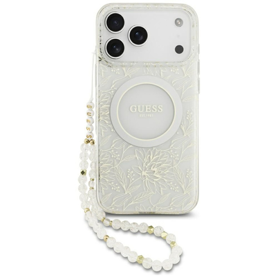 Etui Guess IML Flowers Electroplated Allover With Beads Strap, do MagSafe, z paskiem do iPhone 17 Pro Max