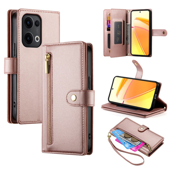 Etui z klapką do Oppo Reno 13 Pro 5G, Wallet Zipper Pocket, różowe