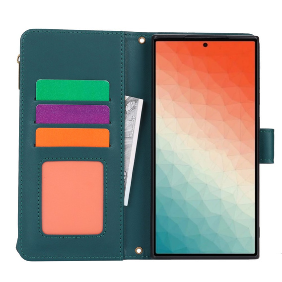 Etui z klapką do Samsung Galaxy S24 Ultra, Wallet Zipper Pocket RFID, z paskiem na ramię, zielone
