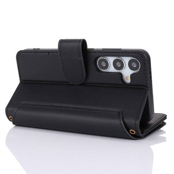 Etui z klapką do Samsung Galaxy S24, Wallet Zipper Pocket RFID, z paskiem na ramię, czarne