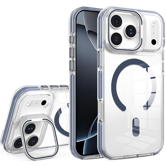Etui do iPhone 17 Pro Max, do MagSafe, z podstawką, transparentne z granatowymi wstawkami