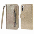 Etui z klapką do Samsung Galaxy S24, Wallet Zipper Pocket Glittery, złote