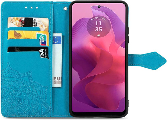 Etui z klapką do Motorola Moto E14, Mandala, niebieskie