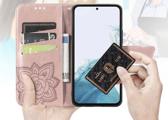 Etui z klapką do Samsung Galaxy A17 5G, portfelowe, Motyl, różowe rose gold
