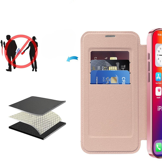 Etui z klapką do iPhone 16, RFID Wallet MagSafe z ochroną aparatu, różowe
