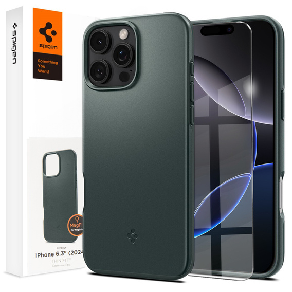 Etui Spigen do iPhone 16 Pro, Thin Fit Mag, zielone + Szkło hartowane 9H