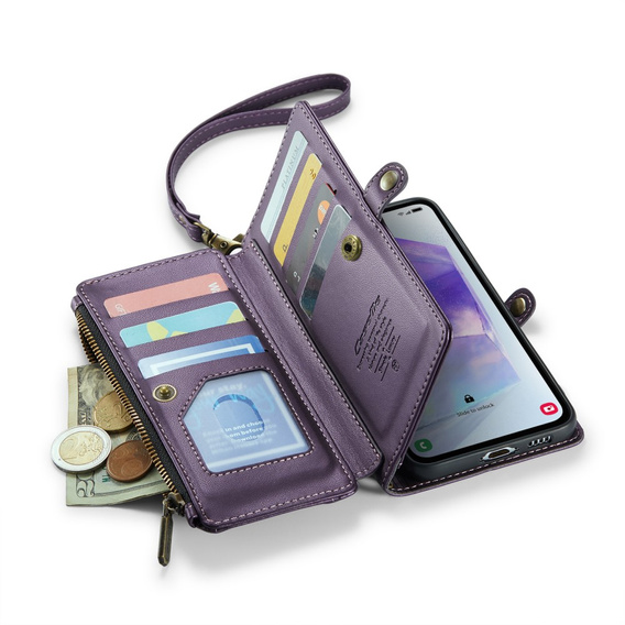 Etui CASEME do Samsung Galaxy A55 5G, RFID Leather Wallet, z paskiem na ramię, fioletowe