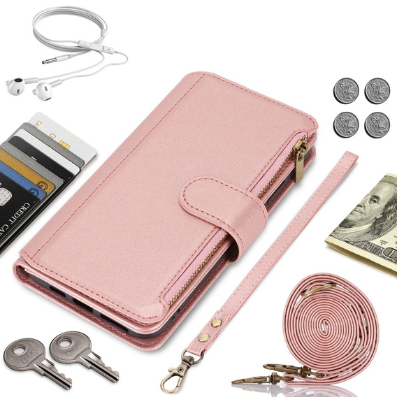 Etui z klapką do Samsung Galaxy S24 Ultra, Wallet Zipper Pocket RFID, z paskiem na ramię, różowe rose gold