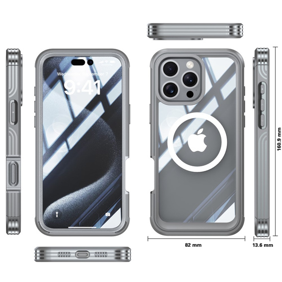 Etui do iPhone 16 Pro, Shockproof, ze szkłem, do MagSafe, szare