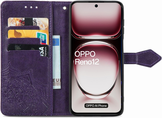 Etui z klapką do Oppo Reno 12, Mandala, fioletowe