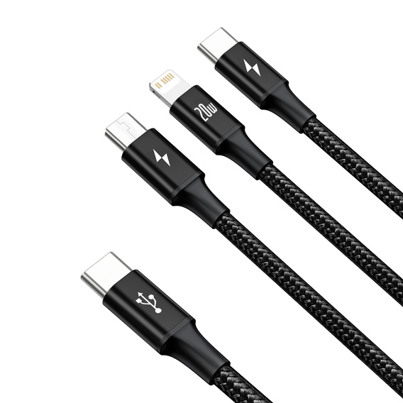 Kabel Baseus 3w1 Rapid Series USB-C / Lightning / micro-USB 1,5 m 20W – Czarny