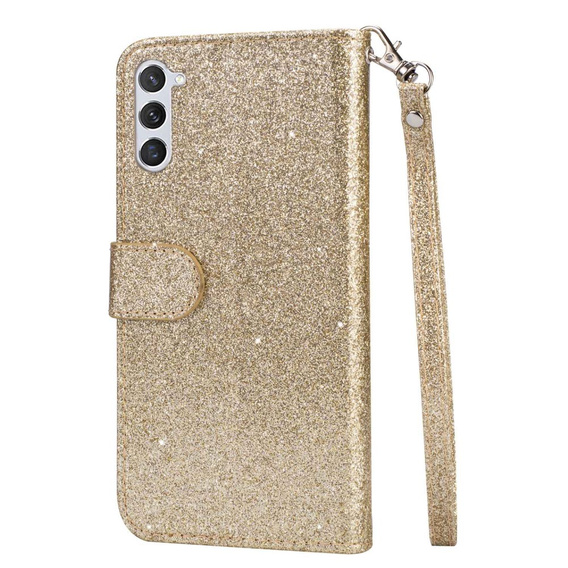 Etui z klapką do Samsung Galaxy S24, Wallet Zipper Pocket Glittery, złote