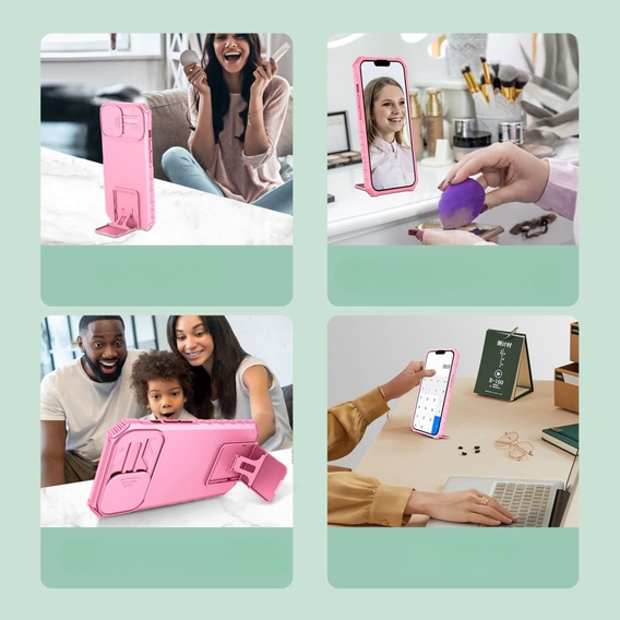 Etui pancerne do Samsung Galaxy A14 4G/5G, Camshield z podstawką, Różowe