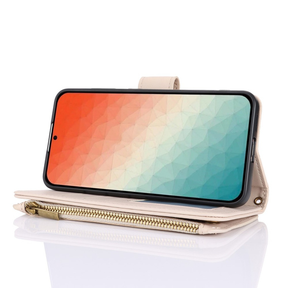 Etui z klapką do Samsung Galaxy S24, Wallet Zipper Pocket RFID, z paskiem na ramię, białe