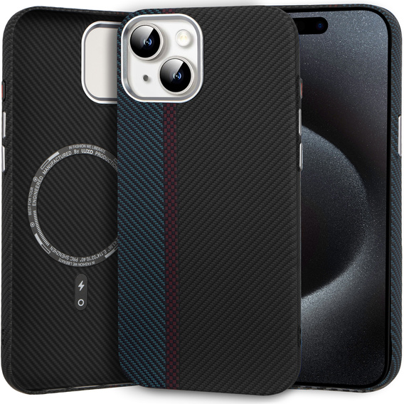 Etui do iPhone 15, Carbon Fiber MagSafe, czarne / niebieskie