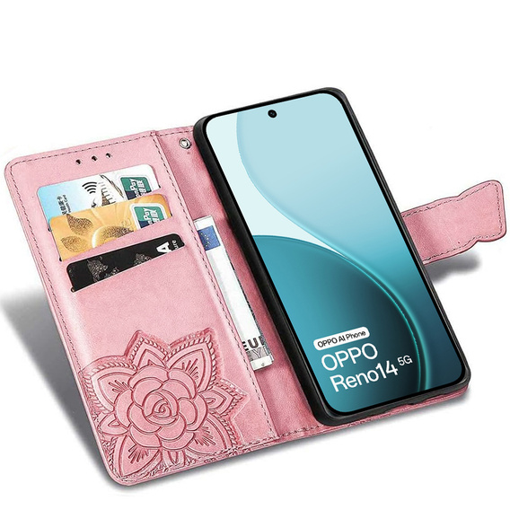 Etui z klapką do Oppo Reno 14, Motyl, portfelowe, różowe rose gold