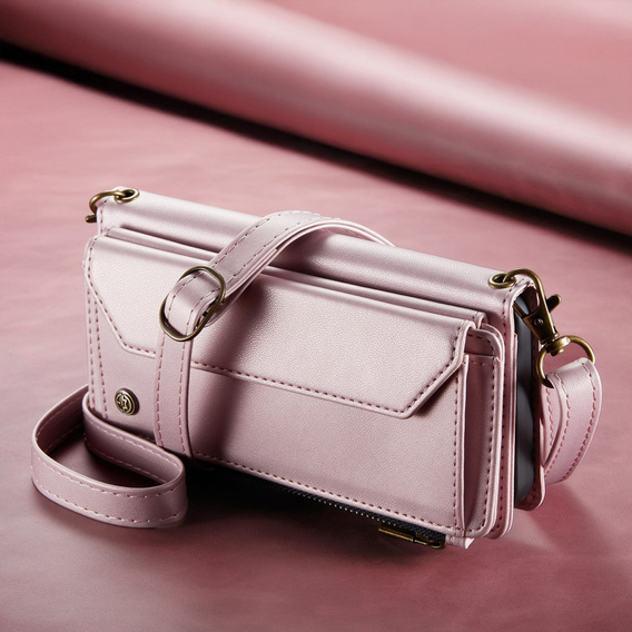 Etui CaseMe do Google Pixel 9a – portfelowe z zamkiem i paskami, różowe