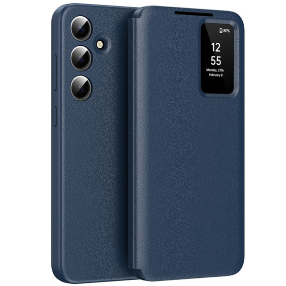 Etui do Samsung Galaxy A56 5G – skórzane z okienkiem Smart View i kieszenią na kartę, niebieskie