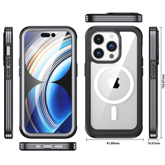Etui do iPhone 15 Pro Max, Pancerne Full Protect 360° do MagSafe, szkło na ekran, czarne