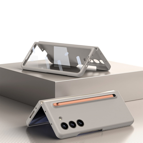 Etui do Samsung Galaxy Z Fold 5 5G, ze szkłem i rysikiem, szare / różowe