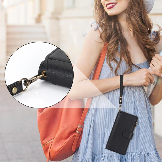 Etui z klapką do Samsung Galaxy S24, Wallet Zipper Pocket RFID, z paskiem na ramię, czarne