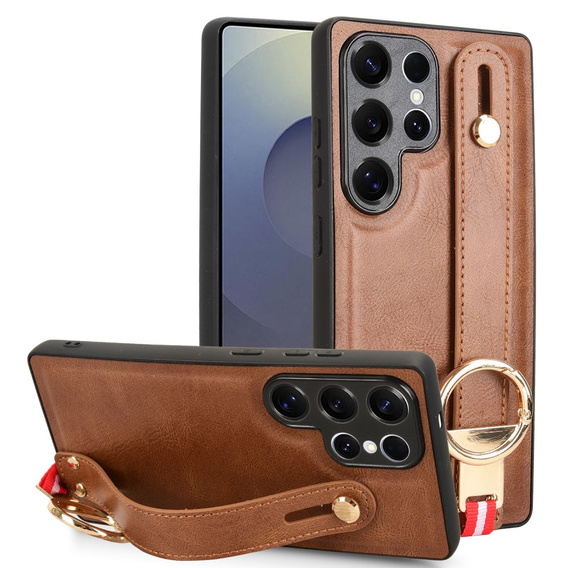 Etui do Samsung Galaxy S25 Ultra z paskiem na nadgarstek i podstawką – brązowe