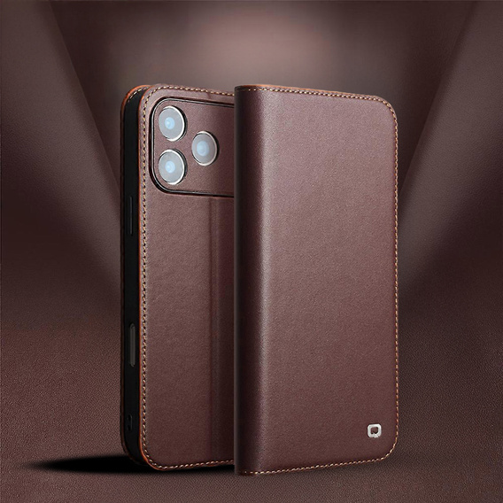 Etui z klapką do iPhone 17 Pro Max, QIALINO skórzane portfelowe - brązowe