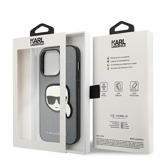 Etui Karl Lagerfeld do iPhone 14 Pro, Saffiano Karl's Head Patch, srebrne