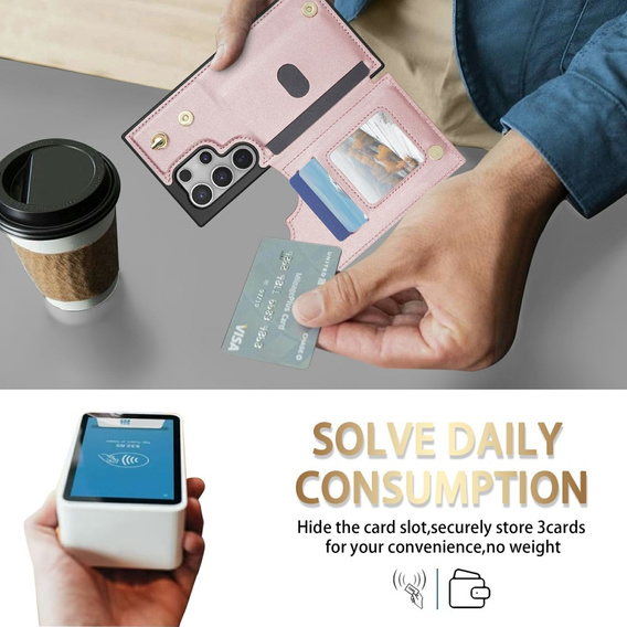 Etui do Samsung Galaxy S25 Ultra z kieszeniami na karty, paskiem i funkcją podstawki – różowe złoto