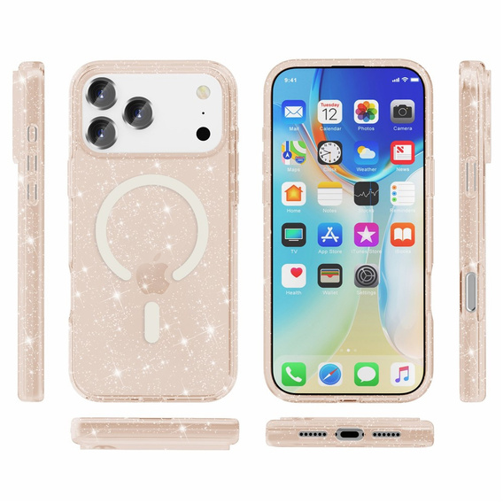Etui do iPhone 17 Pro Max, do MagSafe, brokat - półprzezroczyste złote