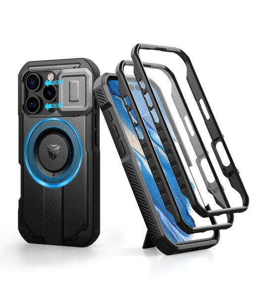 Etui pancerne do iPhone 16 Pro, Dexnor CamProtect MagSafe, czarne (Dwie ramki)