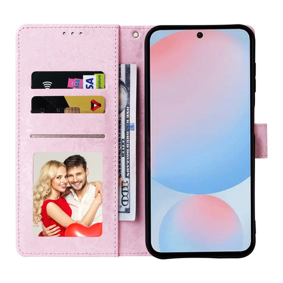 Etui z motywem kwiatowo-motylkowym do Samsung Galaxy A56 5G – skórzane, z ochroną RFID i kieszonkami na karty, zdjęcie i banknoty