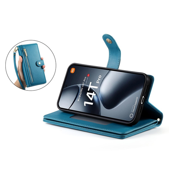 Etui z klapką do Xiaomi 14T Pro, Wallet Zipper Pocket, niebieskie