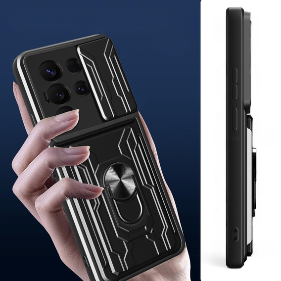 Etui z podstawką i przesuwaną osłoną aparatu do Samsung Galaxy S25 Ultra – czarne